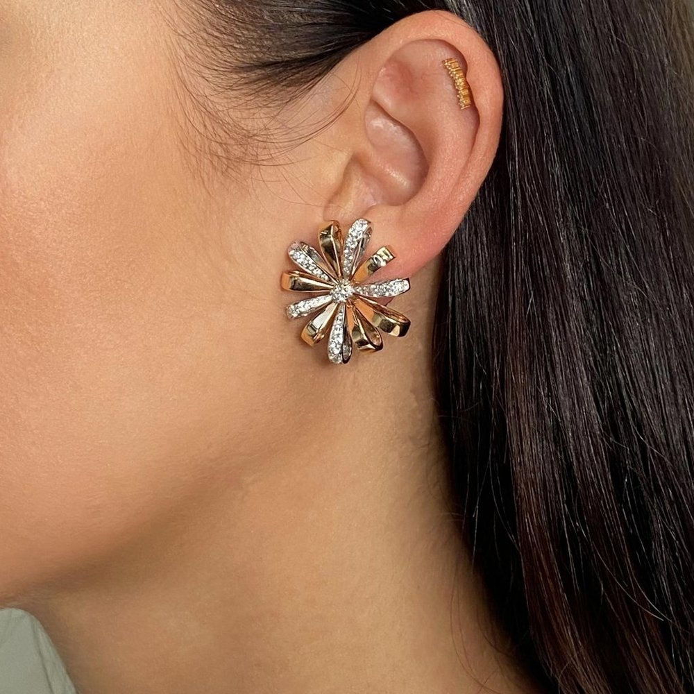 Luca Carati Dimond Flower Earrings 18K Rose & White Gold 1.31Cttw